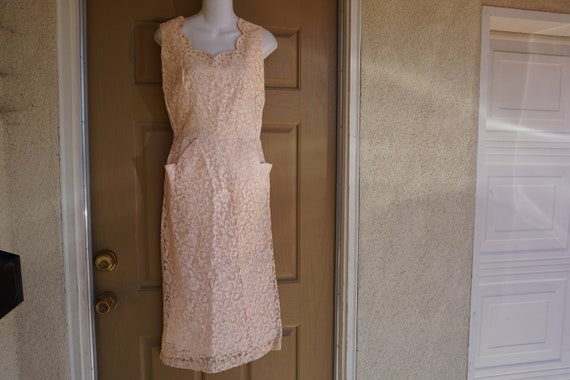 Vintage 1950s lace overlay pastel wiggle dress mi… - image 1