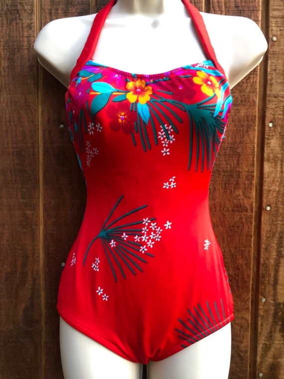 Swim suit floral Size 12 medium one piece halter … - image 4