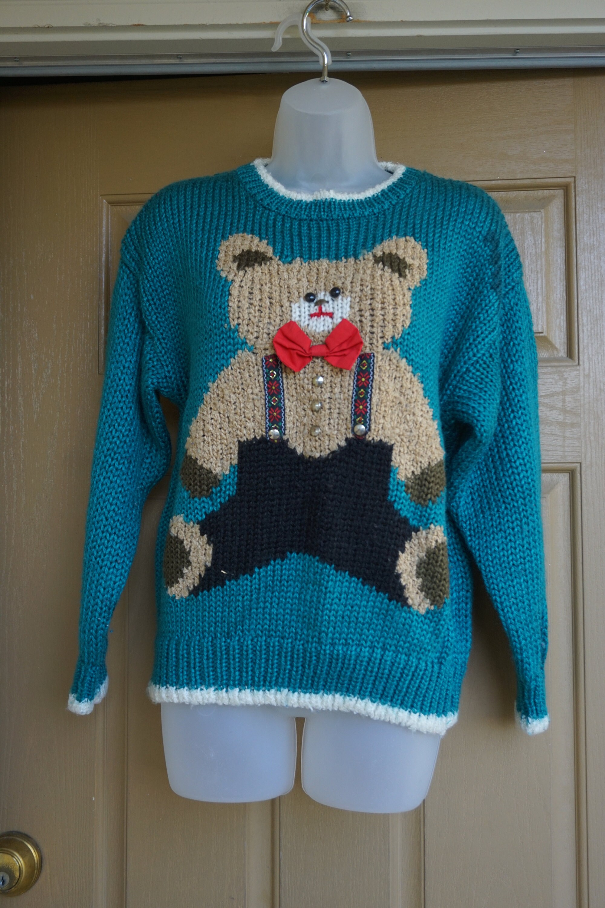 Vintage Hand Knit Teddy Bear Heavy Knit Sweater Size M Medium Etsy