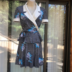 Vintage 1980s dress size small short peplum black blue and white
