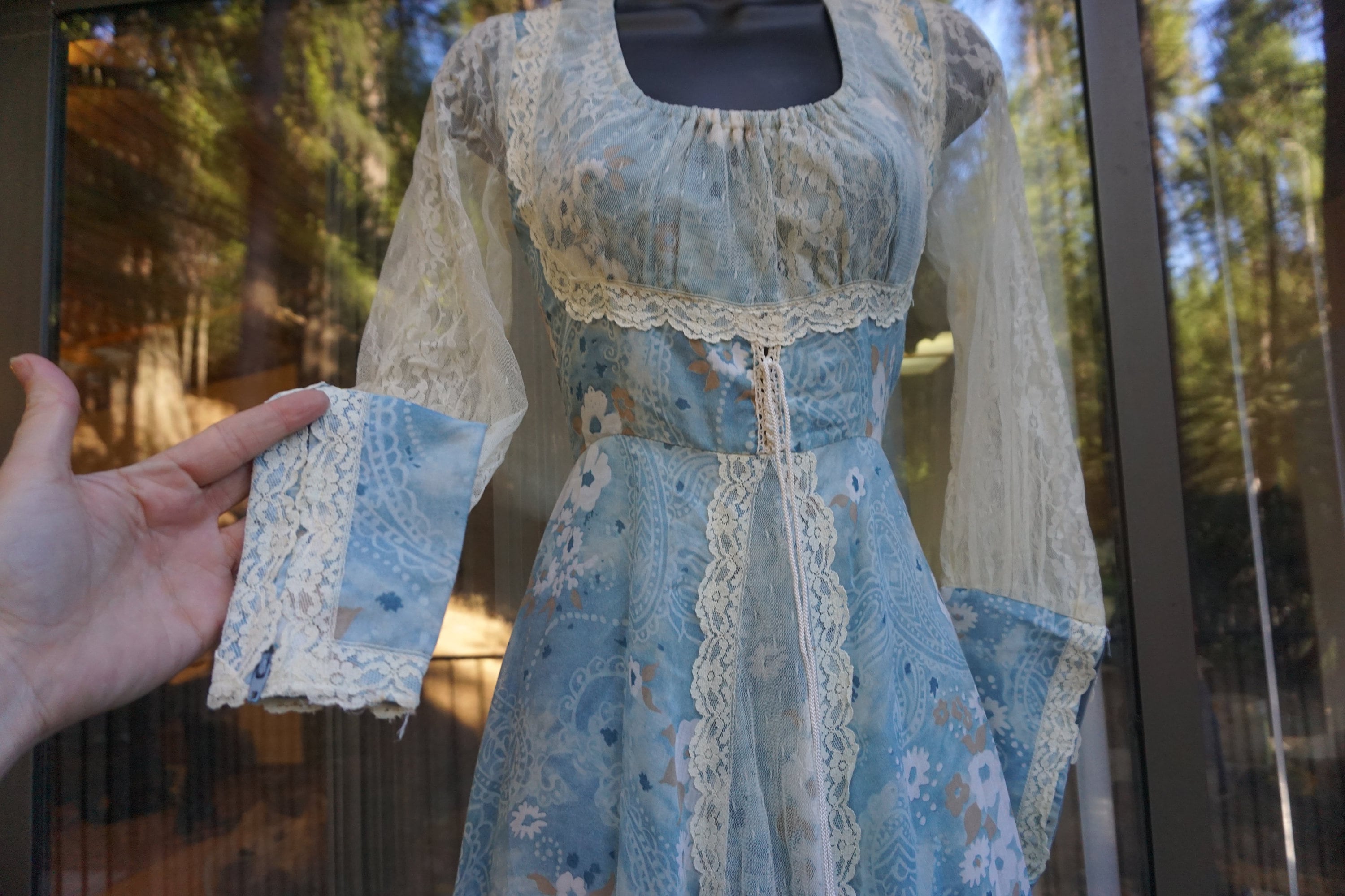 Gunne Sax Size 5 Small Prairie Lace Maxi Dress With Rushed Bust