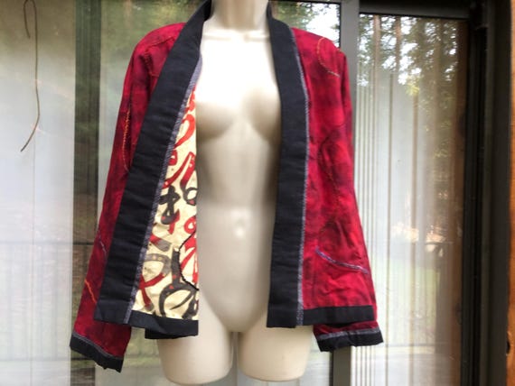 Reversable jacket open front fun unique red embro… - image 1