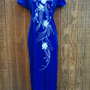 XL Asian inspired dress size XL extra large blue velvet cheongsam dress with white sequins image 6