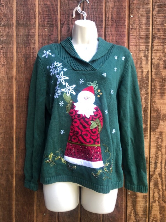 Christmas knit sweater green with Santa size smal… - image 2