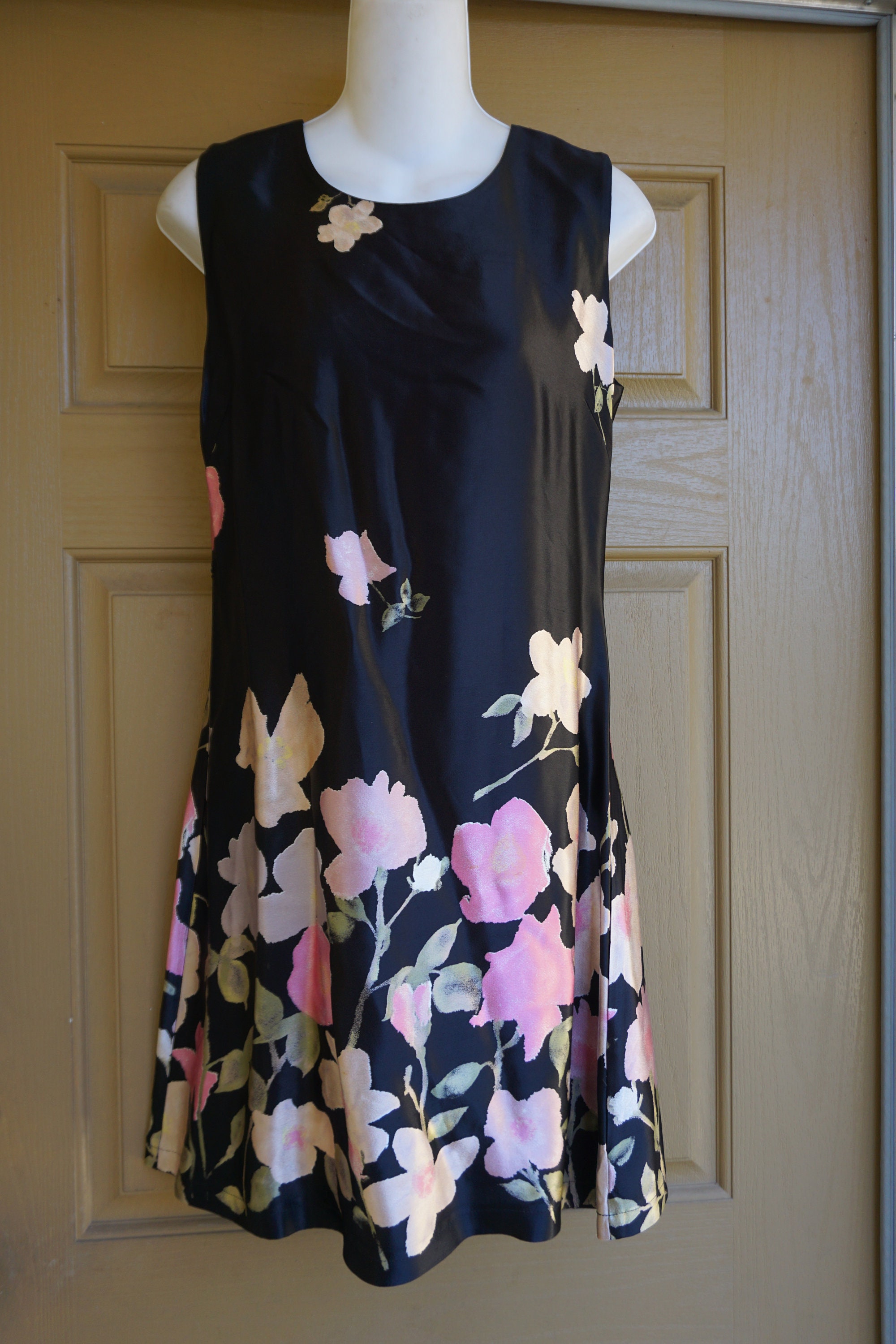 Vintage floral Express sundress small size 7/8 black with pink flowers 90s 1990s strapless tank