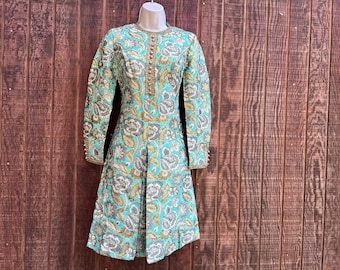 Gold Psychedelic Flower Child Hostess Goddess long Sleeve Maxi Dress 60s 70s 1960s 1970s  metallic gold and blue brocade
