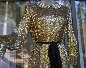 Sequined Joseph Magnin gold size medium gold holiday dress vintage