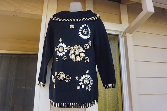 Black Knit Beaded and Jeweled Sweater Size S by Victoria Harbour Etsy