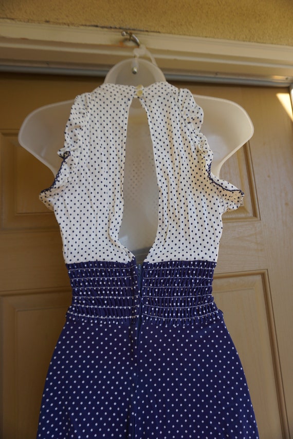 Vintage 1970s navy blue with white polkadot prair… - image 8