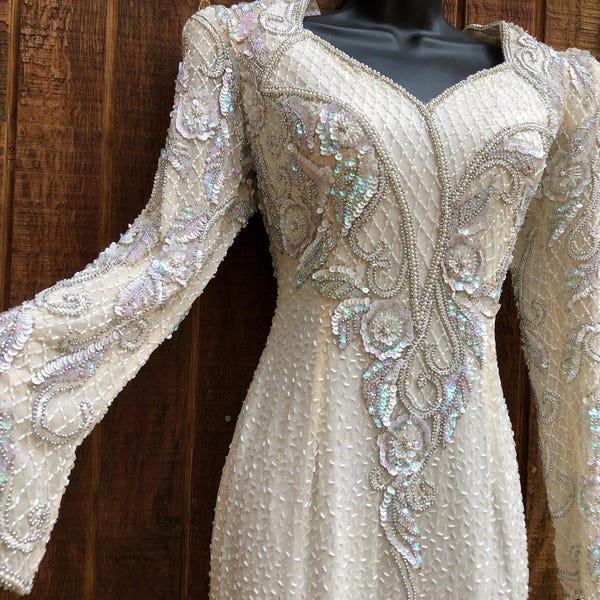 sequined sparkly maxi dress gown party formal classy white SILK Beaded heavy Evening gown by Landa size 10