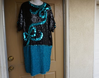 Vestido brillante con lentejuelas, estilo años 80 y 90, para eventos formales, talla mediana, de seda, con cuentas, para noche, cóctel, fiesta, holgado, talla grande.