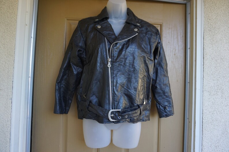 Vintage 90s black patchwork leather jacket short cropped riding motorcycle biker black image 2