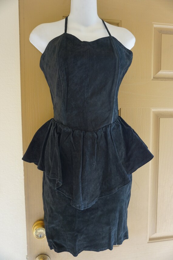 Suede leather vintage size small black dress halt… - image 5