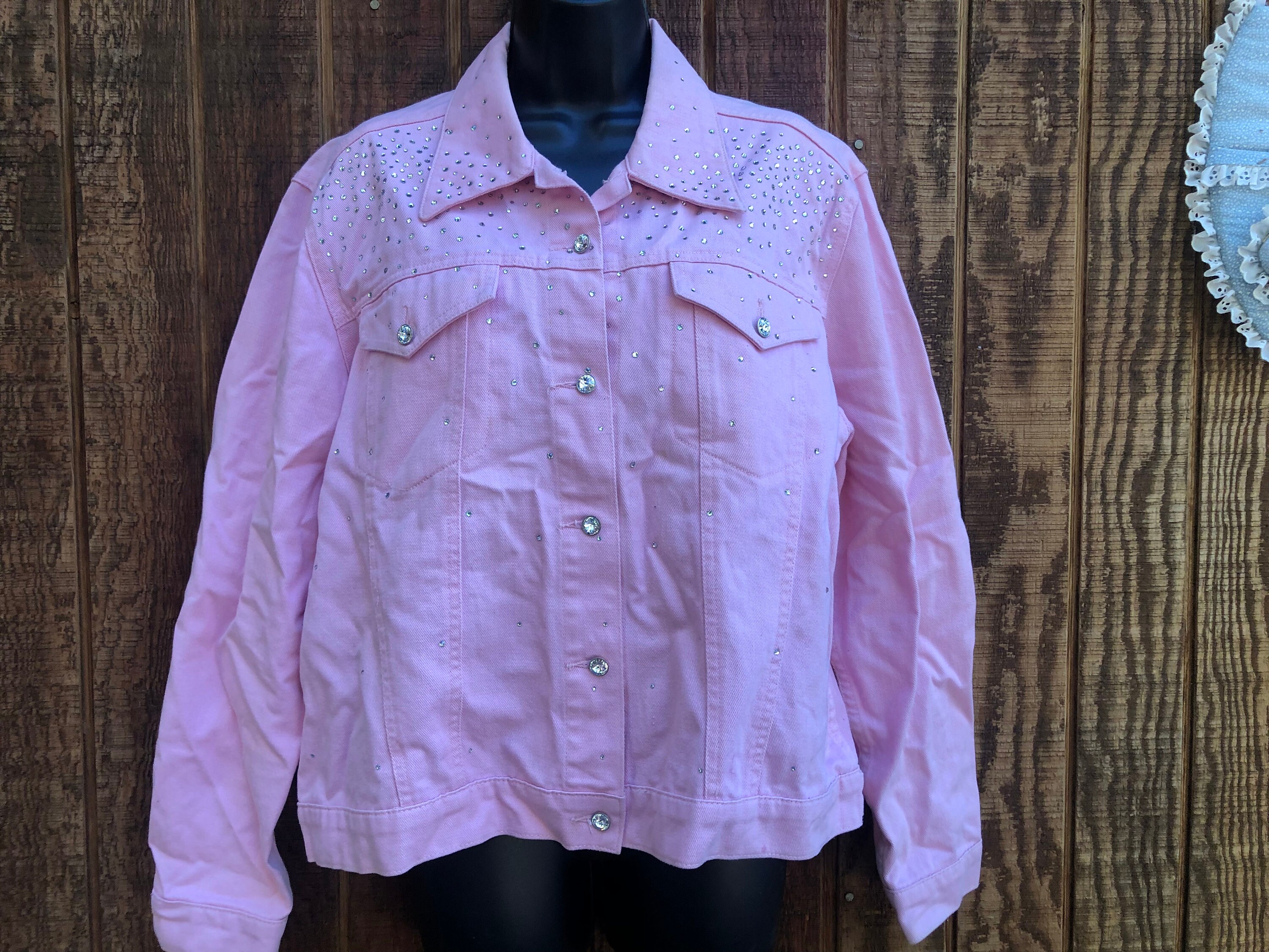 Christine Alexander decorated studded pink denim jacket vest size Large Swarovski crystals
