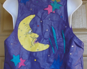 LEATHER Hand made cute purple Vest Moon and Stars Stylish 80's Small Medium Sleeveless space jeweled studded patchwork unique