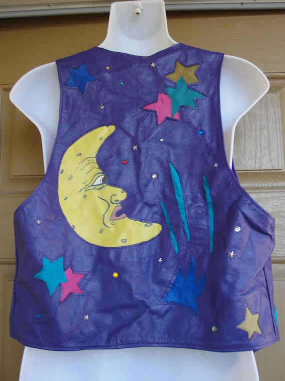 LEATHER Hand Made Cute Purple Vest Moon and Stars Stylish 80's