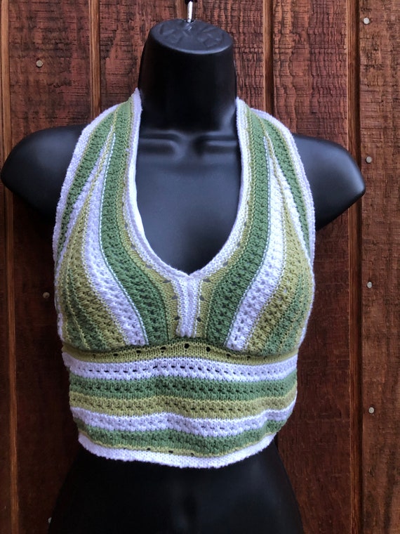 Small Green and White Striped Hollister Halter Cropped Half Shirt Crop Top Knit Crocheted Etsy