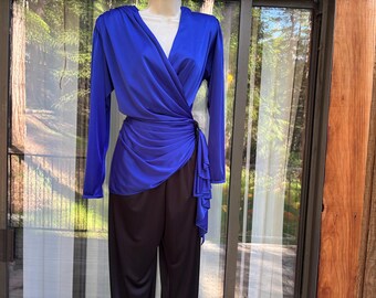 Vintage Abby Kent black and purple 80s or 90s black romper jumpsuit size 12 shoulder pads slinky stretchy springy rushed draped wrap pants