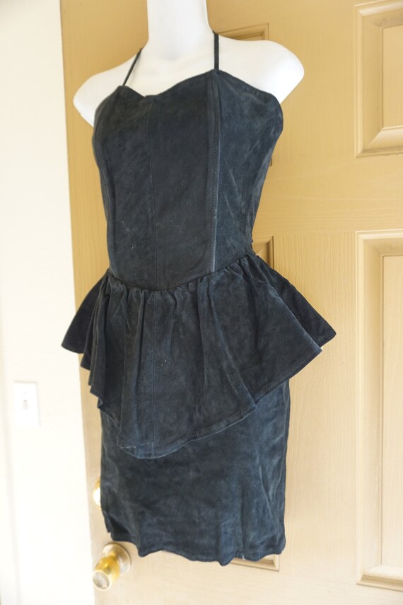 Suede leather vintage size small black dress halt… - image 3