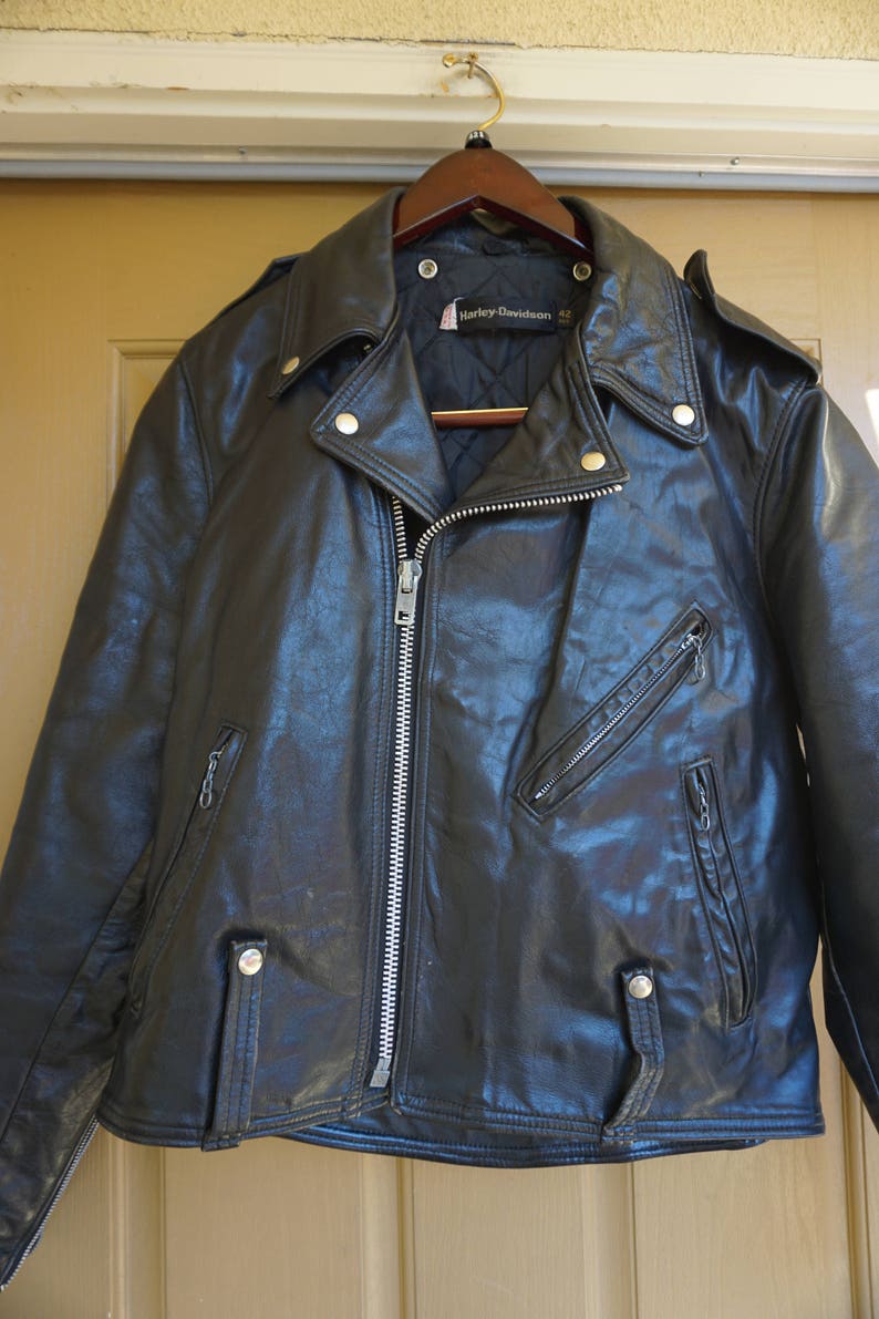 Harley Davidson Vintage Black Leather Motorcycle / Biker Jacket MENS Size 42 Large genuine authentic real 1970s Made in USA image 2