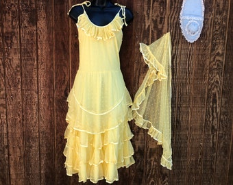 Yellow sheer polka dot ruffle dress with matching shaw