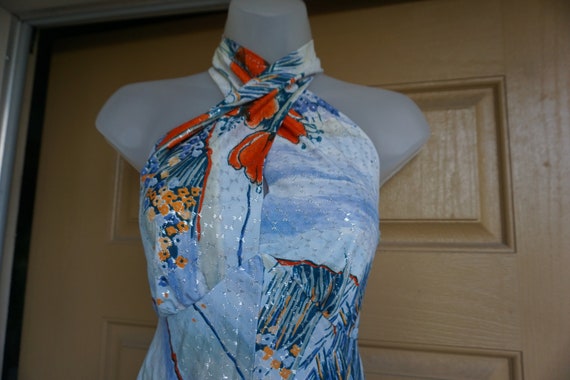 Vintage 1970s metallic floral maxi halter dress 70