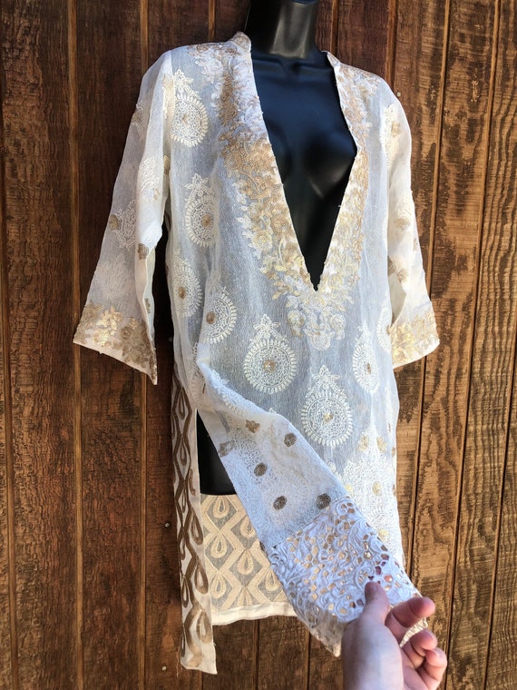 Beige and gold sheer sequined top size large shirt