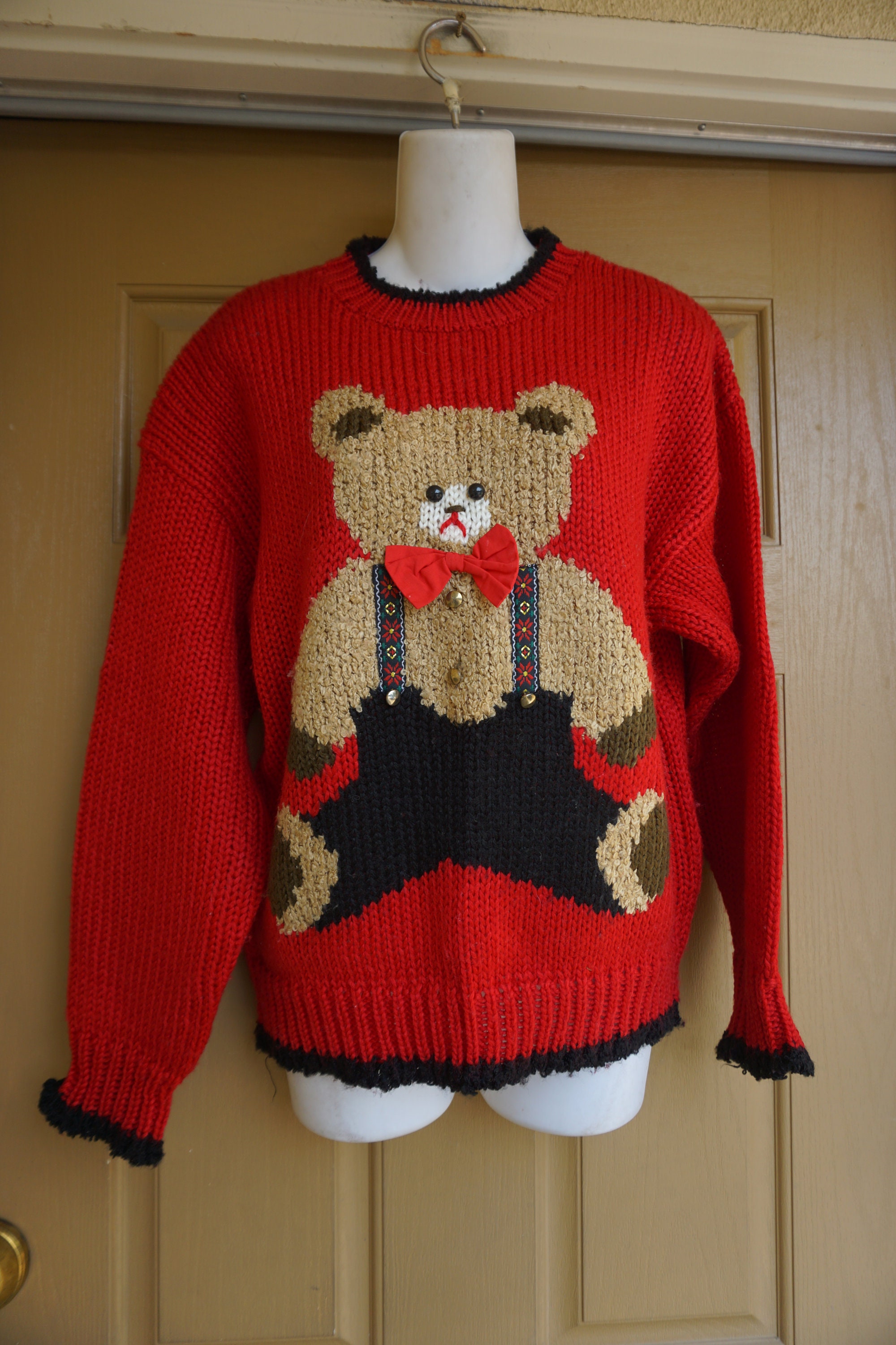 Vintage Hand Knit Teddy Bear Heavy Knit Sweater Size L Large | Etsy