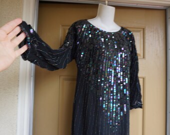 Sequined sparkly dress 80s 90s formal size M Medium SILK Beaded Evening Cocktail party