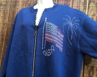 America United States vintage sweatshirt by Cactus size Large red white and blue patriotic rhinestone zipper