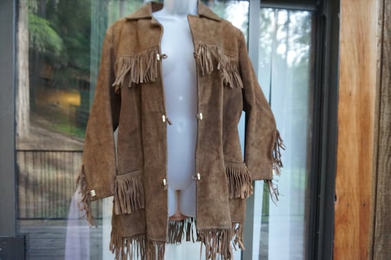 Distressed Vintage suede leather brown fringe jac… - image 1