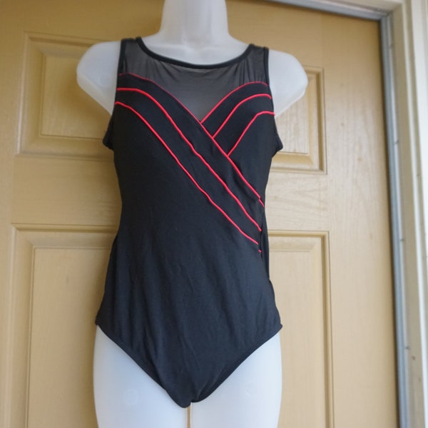 Vintage black bathing suit with sheer mesh mid section swim suit one piece swimsuit size medium 10