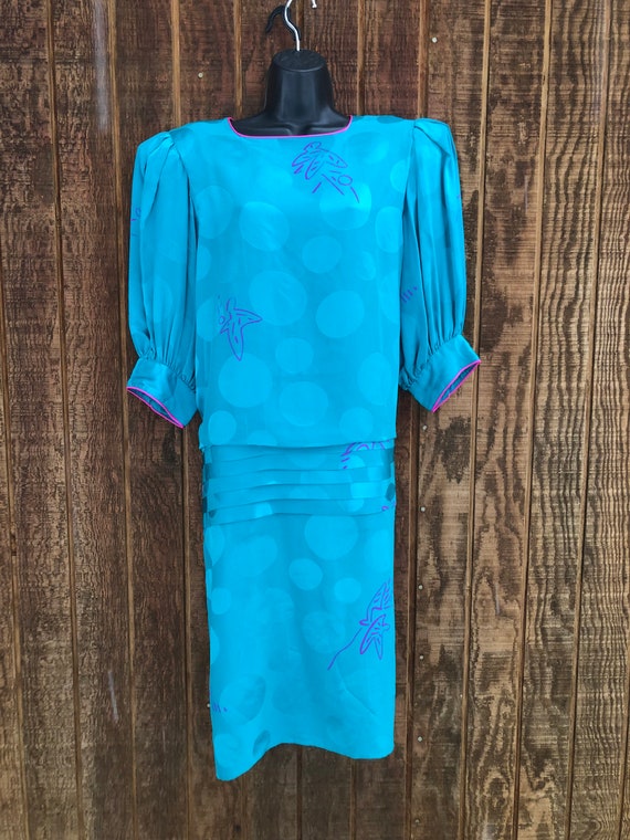 Flora Kung Drop Waist Vintage Blue Silk Dress Size Medium