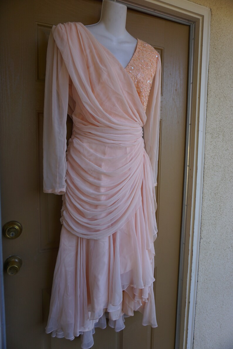 Tadashi 80s ruched chiffon sheer sequined black dress with shoulder pads size 12 L Large