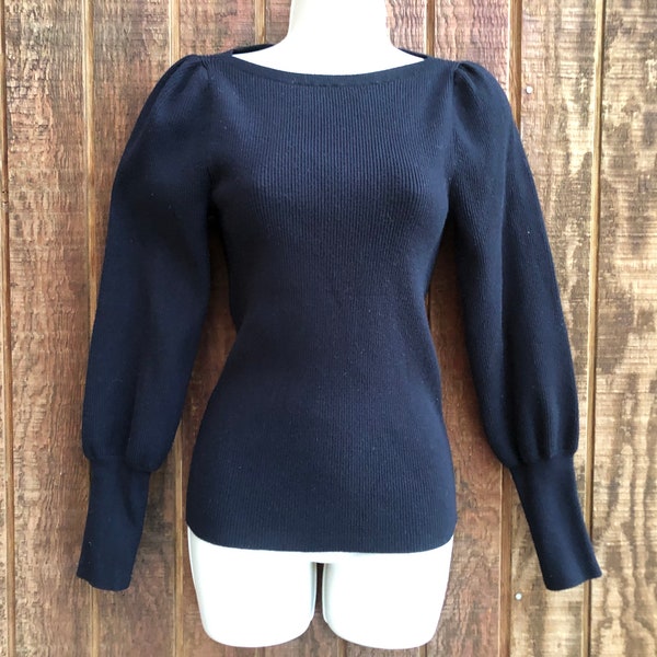 Ann Taylor Size medium stretchy womens black knit sweater with puffy sleeves