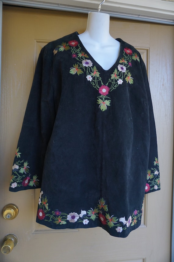 Suede leather shirt size 18 floral embroidery by N