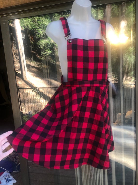 Hot Topic red and black plaid skirt overalls size 