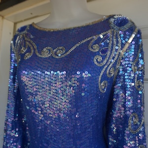 Sequined sparkly dress 90s formal event SILK Beaded Evening Cocktail party loose fit blue