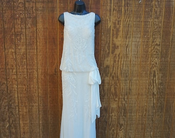 Unique drop waist flapper style ALMAnovia wedding dress gown size 12 sheer beaded overlay