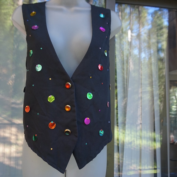 Vintage Rainbow sequin vest shirt 90s 1990s jeweled buttons