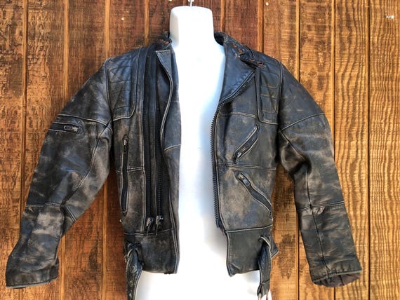 DAMAGED - DISTRESSED Vintage Black Leather Motorcycle // Biker 