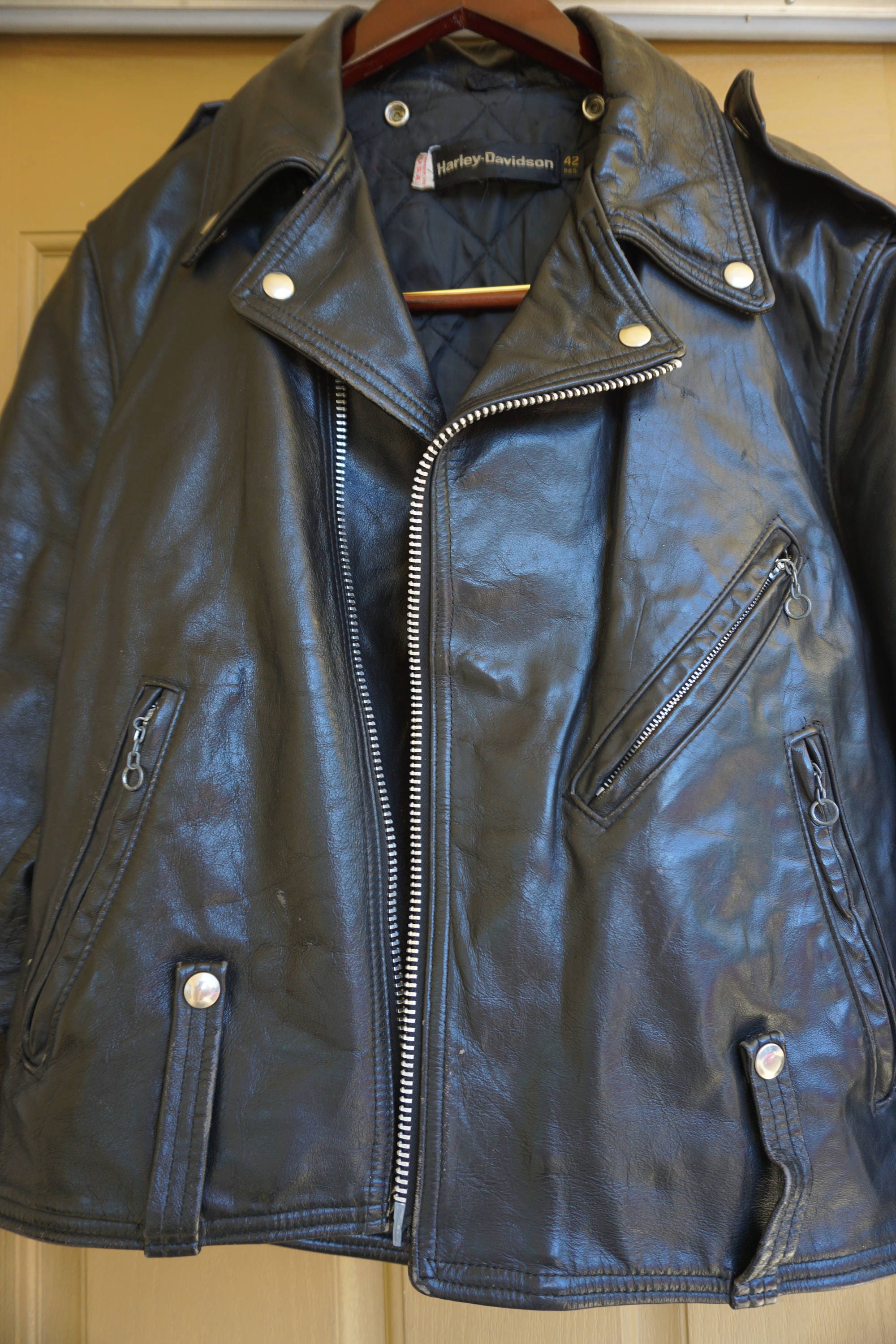 Harley Davidson Vintage Black Leather Motorcycle Biker Jacket MENS