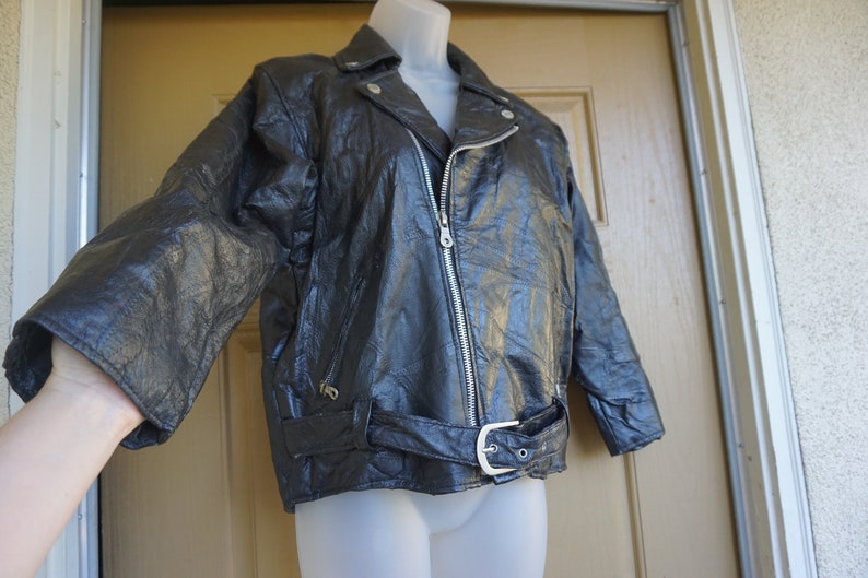 Vintage 90s black patchwork leather jacket short cropped riding motorcycle biker black image 1