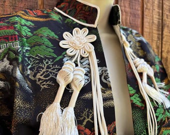 Asian brocade Jacket with fringe tassels size medium