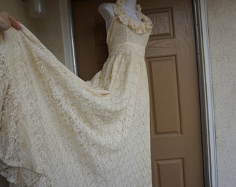 Prairie lace dress Halter 70's Gunne Sax Style Sundress ivory Polka maxi