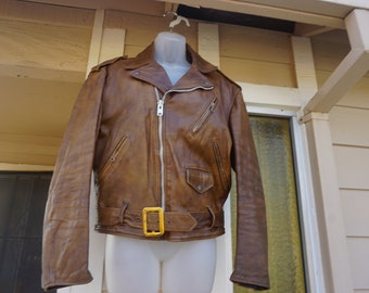 Perfecto Steerhide by Schott Bros Vintage Brown Leather Motorcycle / Biker Jacket MENS Size 42 medium  1980s 1990s 80s 90s distressed