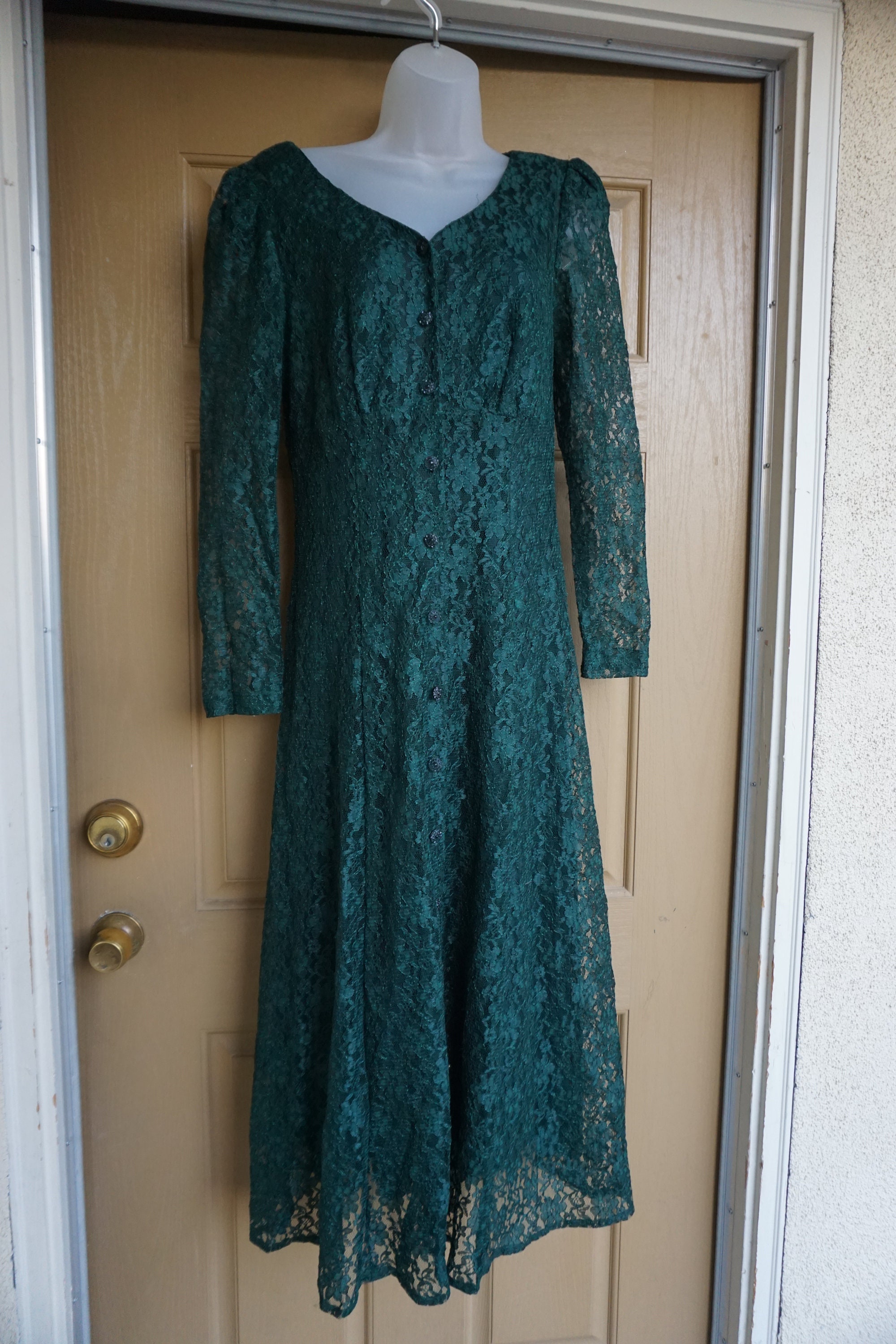 Vintage Forrest Green Floral Lace Long Maxi Dress and Slip | Etsy