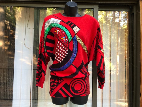 Vintage sequined abstract sweater size Medium bat… - image 1