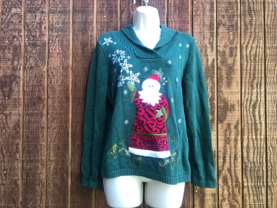 Christmas knit sweater green with Santa size smal… - image 1