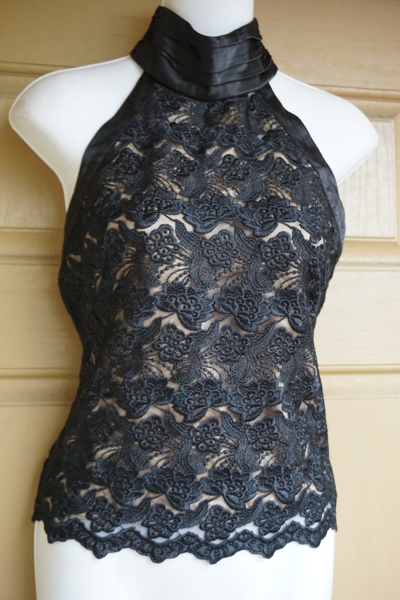 vintage lace halter sleeveless shirt by bebe with corset laced back